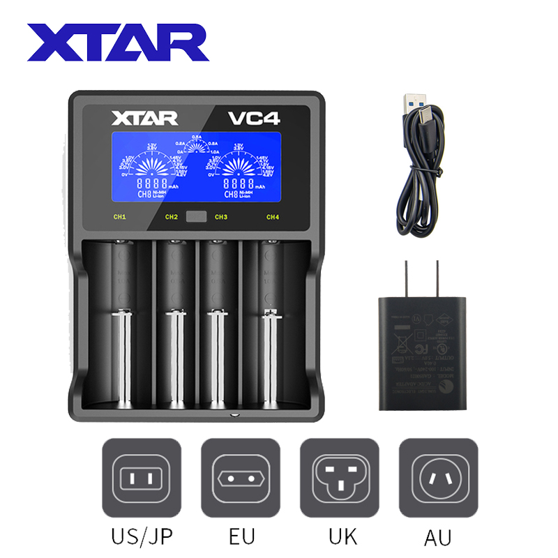 XTAR VC4 18650 Battery Charger 1.2V AAA AA Batteries LCD Display Charging 3.6V Rechargeable LiIon Batteries 10400-32650CHARGER