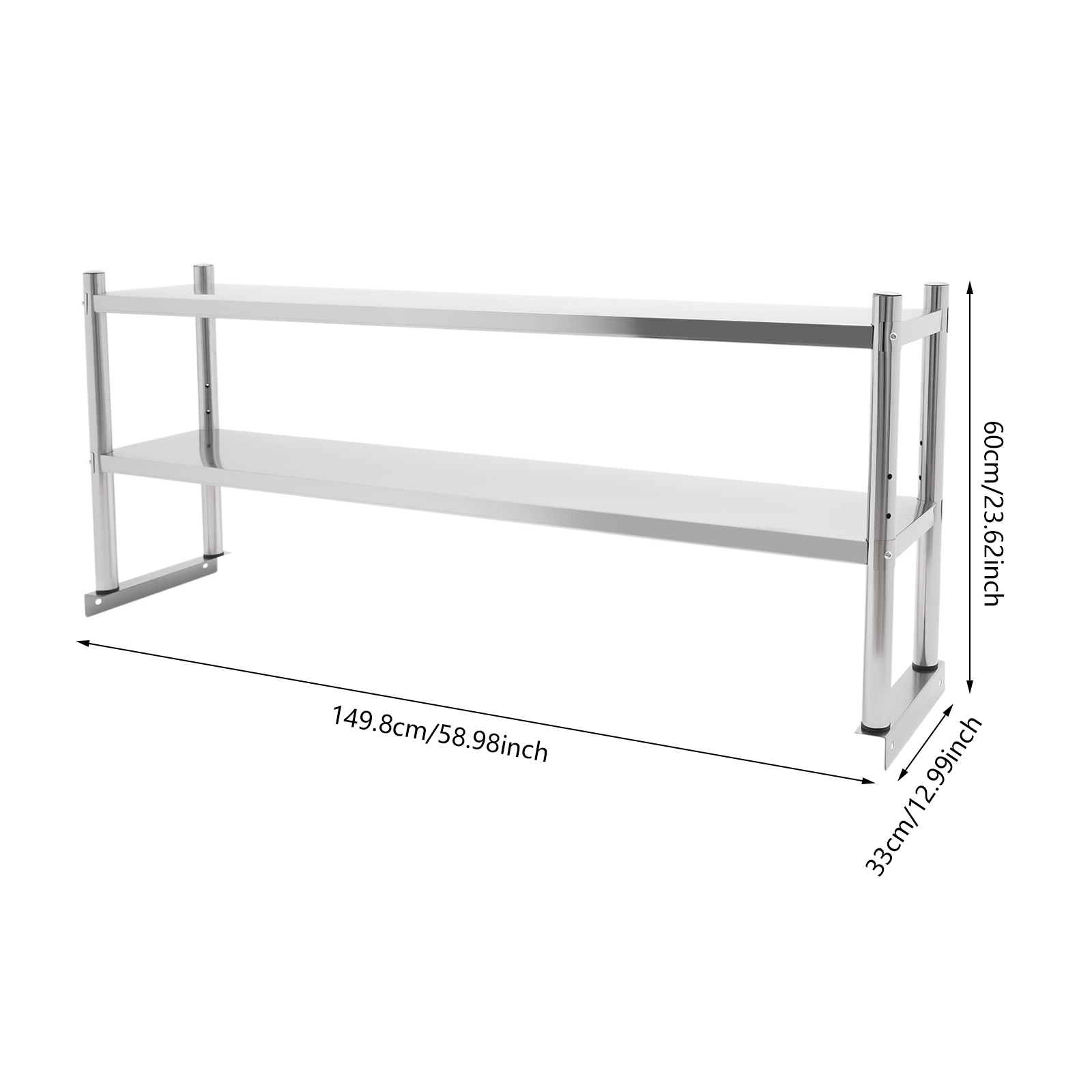 Stainless Steel Shelving, 2 Tier Adjustable Shelf Storage, Heavy Duty Shelving 60.2*15.7*3.5in For Storing And Displaying Goods