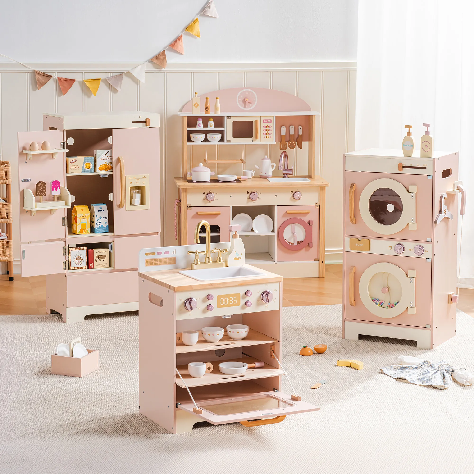 Robotime Robud Kids Corner Kitchen Playset Wooden Play Kitchen Set with Realistic Sound Pretend Play Gift for Boys Girls Pink