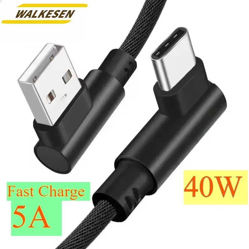40W 5A USB To Type C Fast Charge Weave Data Cable 90 Degree Phone Charger Cable For iPhone Xiaomi Redmi Huawei USB Charging Wire