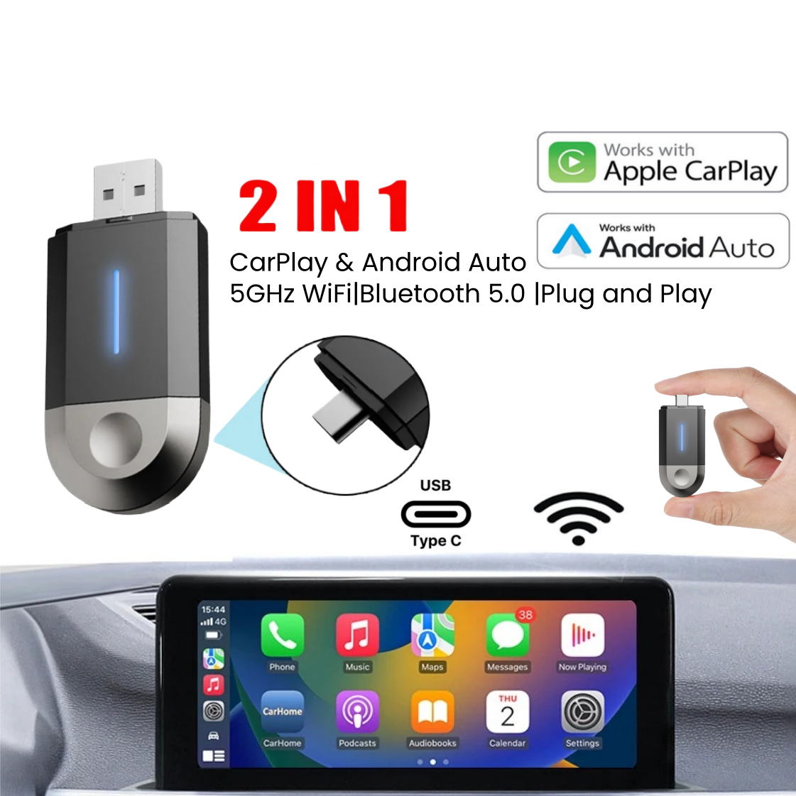 Phoebus Link 2 in 1 Mini CarPlay Wireless Adapter Seamless Integration Android Auto For Apple USB Type-C Dongle in Universal Car