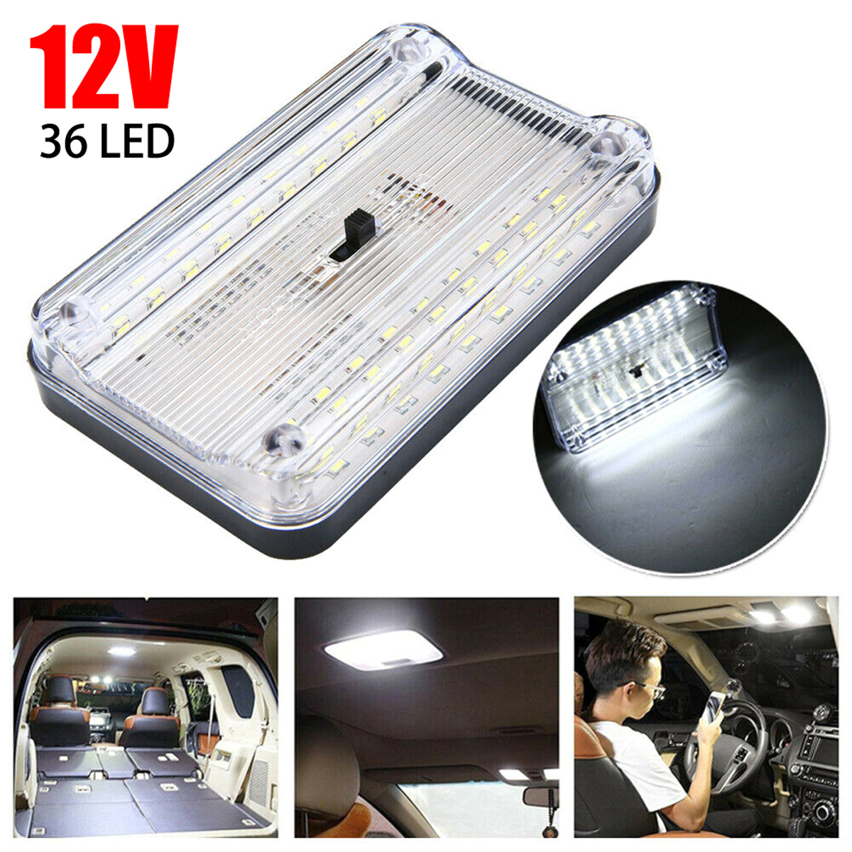 36 LED Car White Rectangular Lights 12V Vehicle Ceiling LED Lighting Lamp Auto Dome Reading Light with On/Off Switch Trunk Lamp