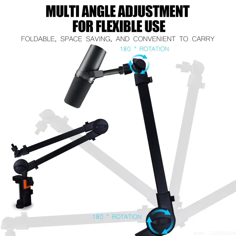 Spring-Free Microphone Arm Stand, Foldable Low Profile Desk Mic Boom Arm with Metal Base, Adjustable Long Arm Cantilever Holder