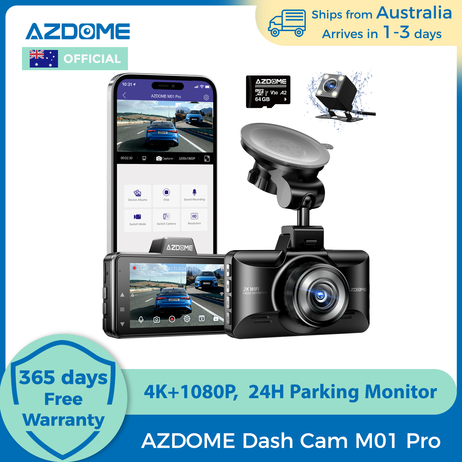 AZDOME 4K Dash Cam M01 Pro 3" Screen Front and Rear Camera for Car Built-in ADAS G-Sensor Car DVR 24H Parking Mode