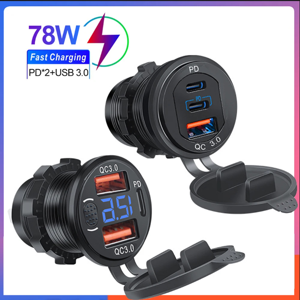 Car Charger Socket PD3.0 & QC3.0 Double USB C Ports Waterproof 78W Fast Charging Aluminium For 12V/24V Boats Moto Adapter