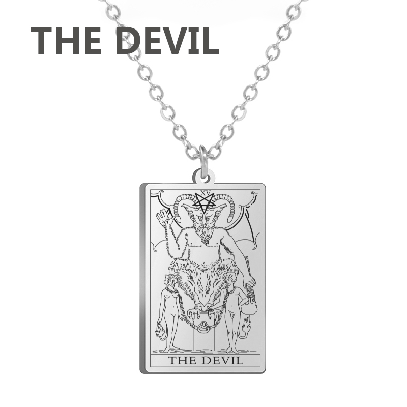 Dawapara Tarot Cards Necklace Women Stainless Steel Necklace Wealth Amulet Classic Tarot Major Arcana Divination Charm Jewelry THE DEVIL / steel color