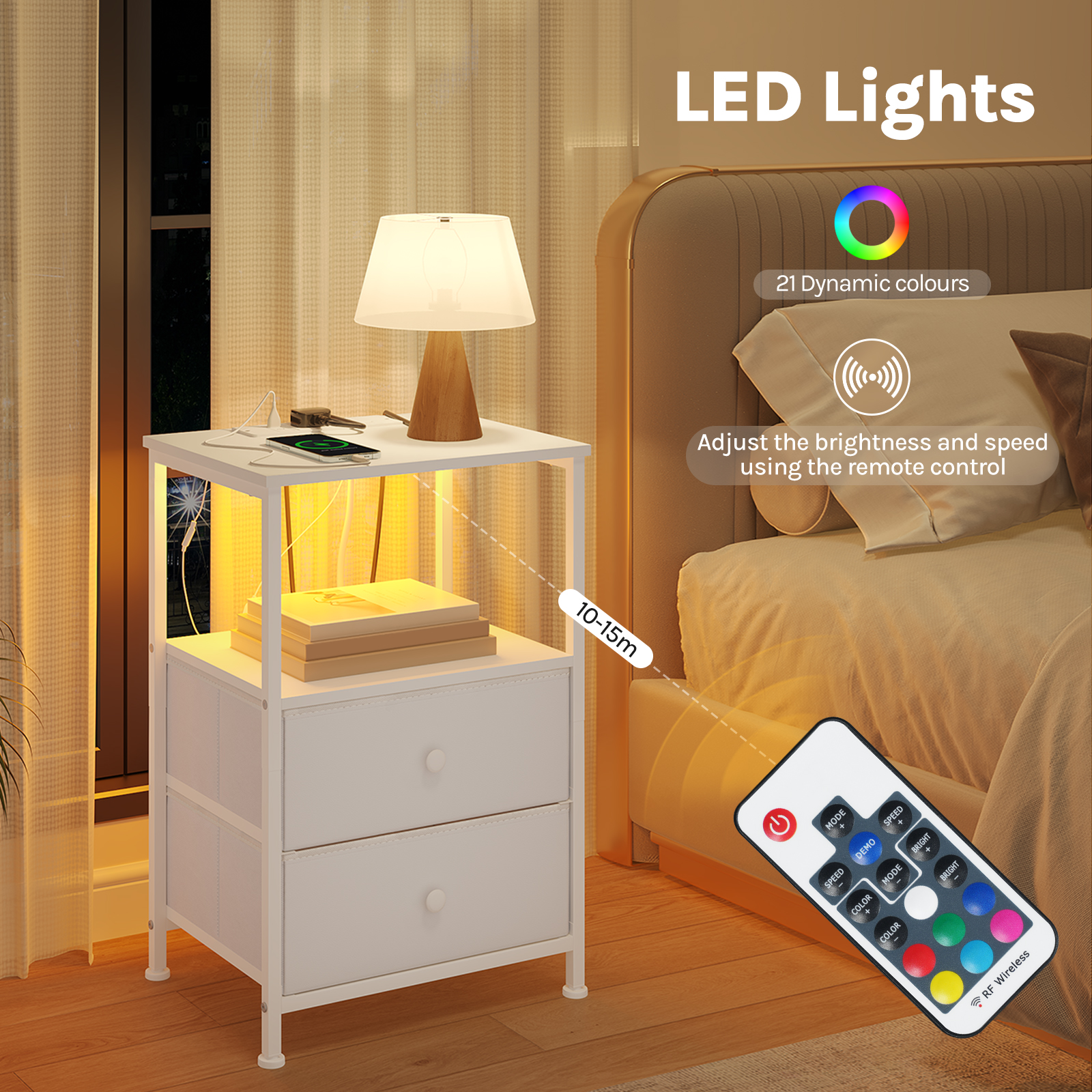 WOLTU Modern Nightstand Bedside Table with Adjustable LED Lighting USB Charging Sockets 2 Drawers Night Table Storage Bedroom