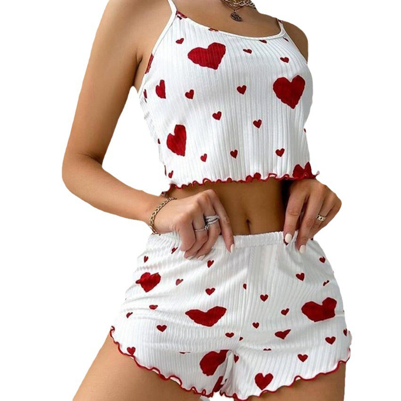 Women's Pajamas Set Sleepwear 2 PCS Short Tank Tops And Shorts S M L White Ventilate Soft Casual Love Printing red / XL