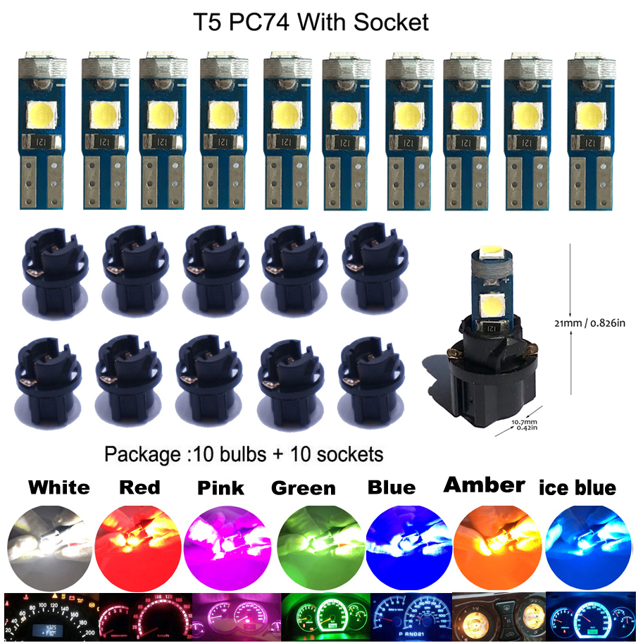 10pcs New T5 W3W W1.2W Led Canbus PC74 B8.5 LED Bulbs Car Motorcycle Dashboard Warning Indicator Light Wedge Instrument Lamp
