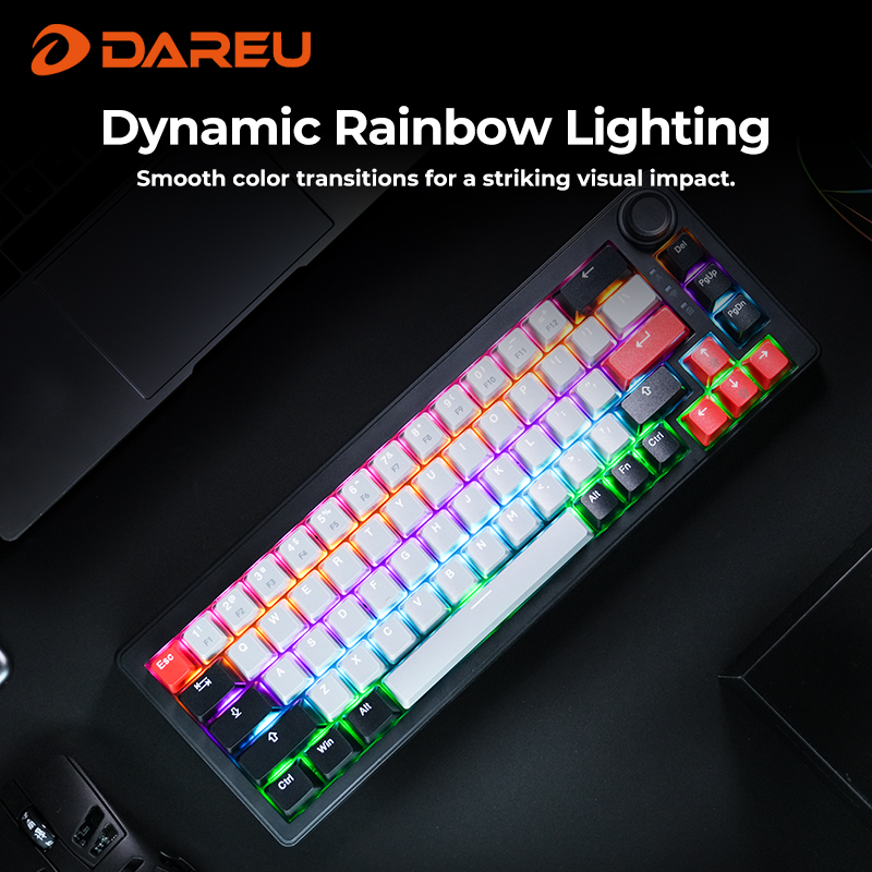 DAREU 2.4G Wireless Mechanical Gaming Keyboard 4000mAh Red Switch All Key Non-conflict Rainbow Lighting with Multifunction Knob