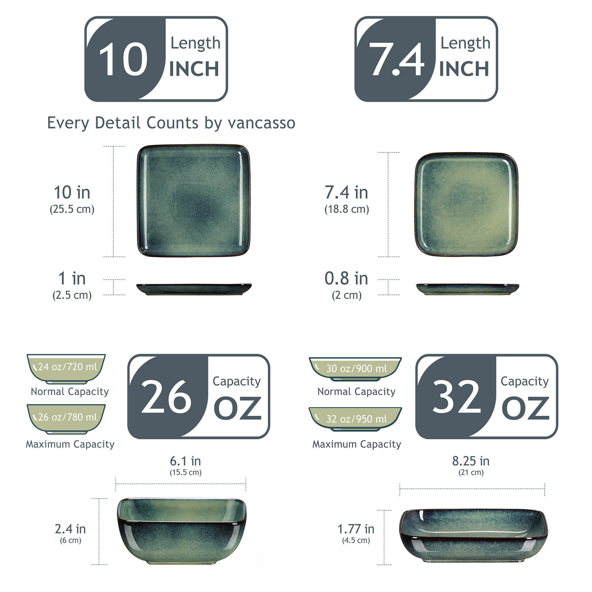 vancasso Stern Dinner Set Green Square Kiln Change Glaze Tableware 16 Piece Kitchen Dinnerware Ceramic Crockery Set for 4 Person