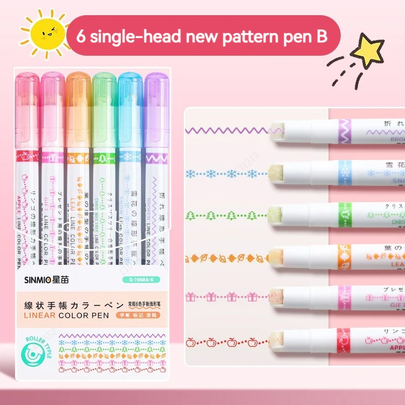 6Pcs/Set Flower Line Shape Highlighter Pen Roller Tip Curve Liner Marker Kawaii Korean Stationery School Office Supplies Gifts A 6 Colors