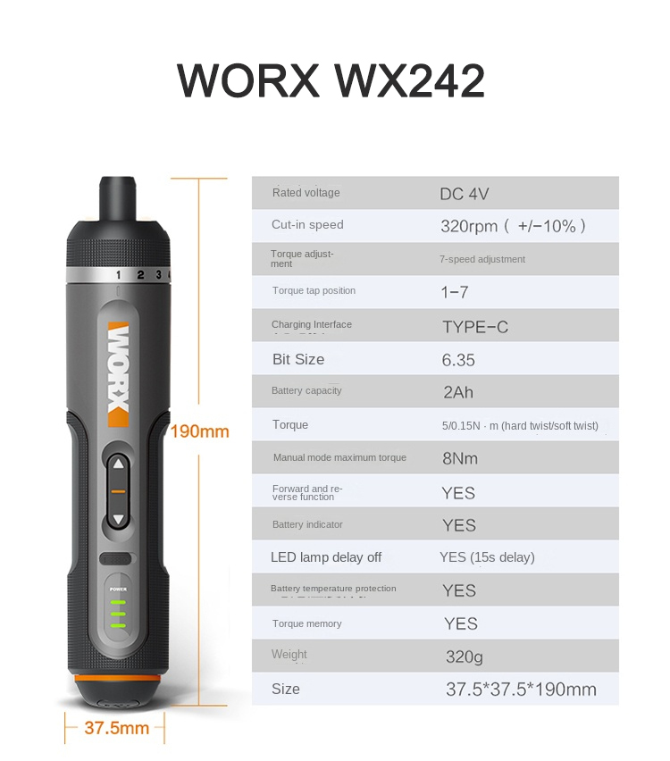 Worx 4V Mini Electrical Screwdriver Set WX242 WX241 WX240 Smart Cordless Electric Screwdrivers USB Rechargeable Hand Drill Tools WX242
