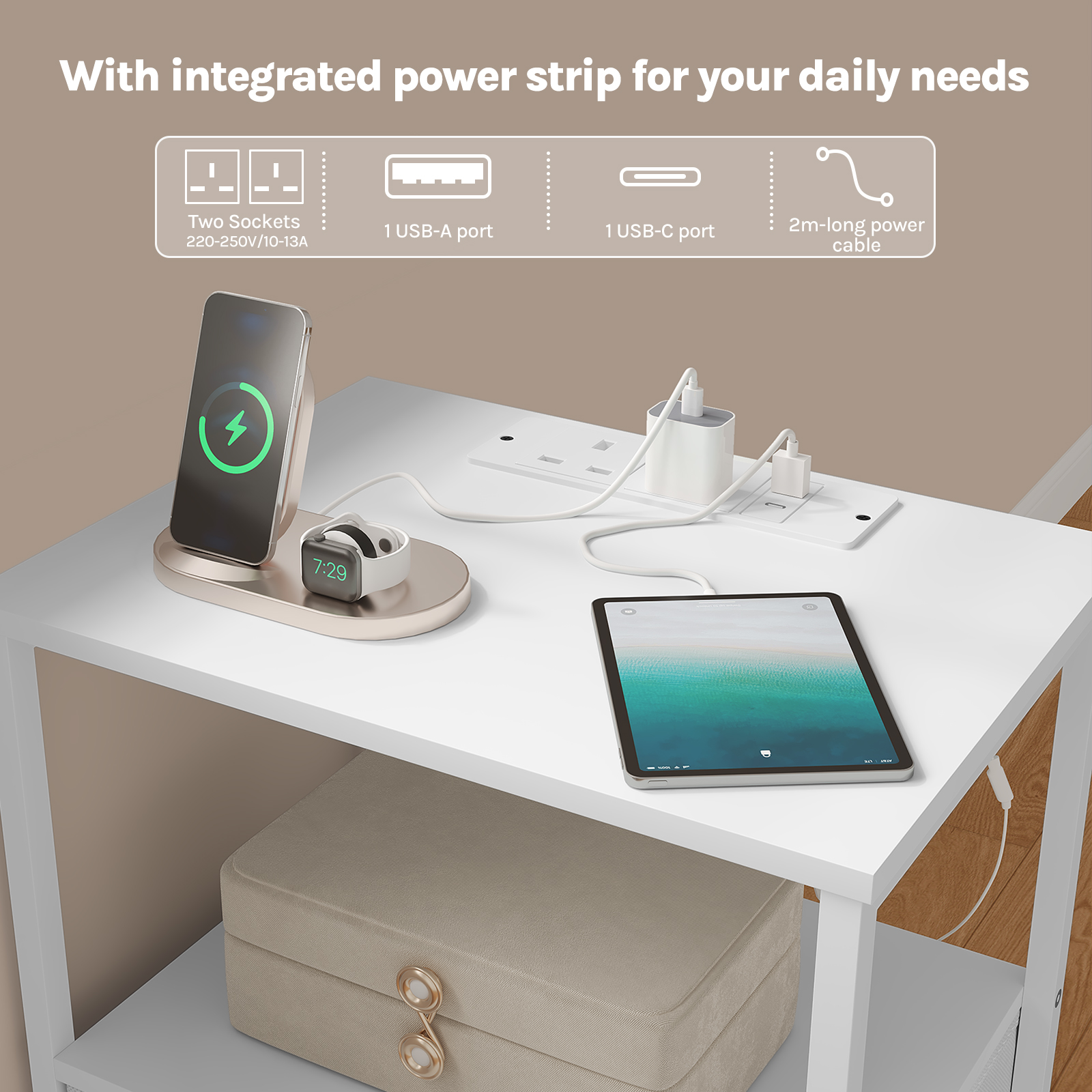 WOLTU Modern Nightstand Bedside Table with Adjustable LED Lighting USB Charging Sockets 2 Drawers Night Table Storage Bedroom