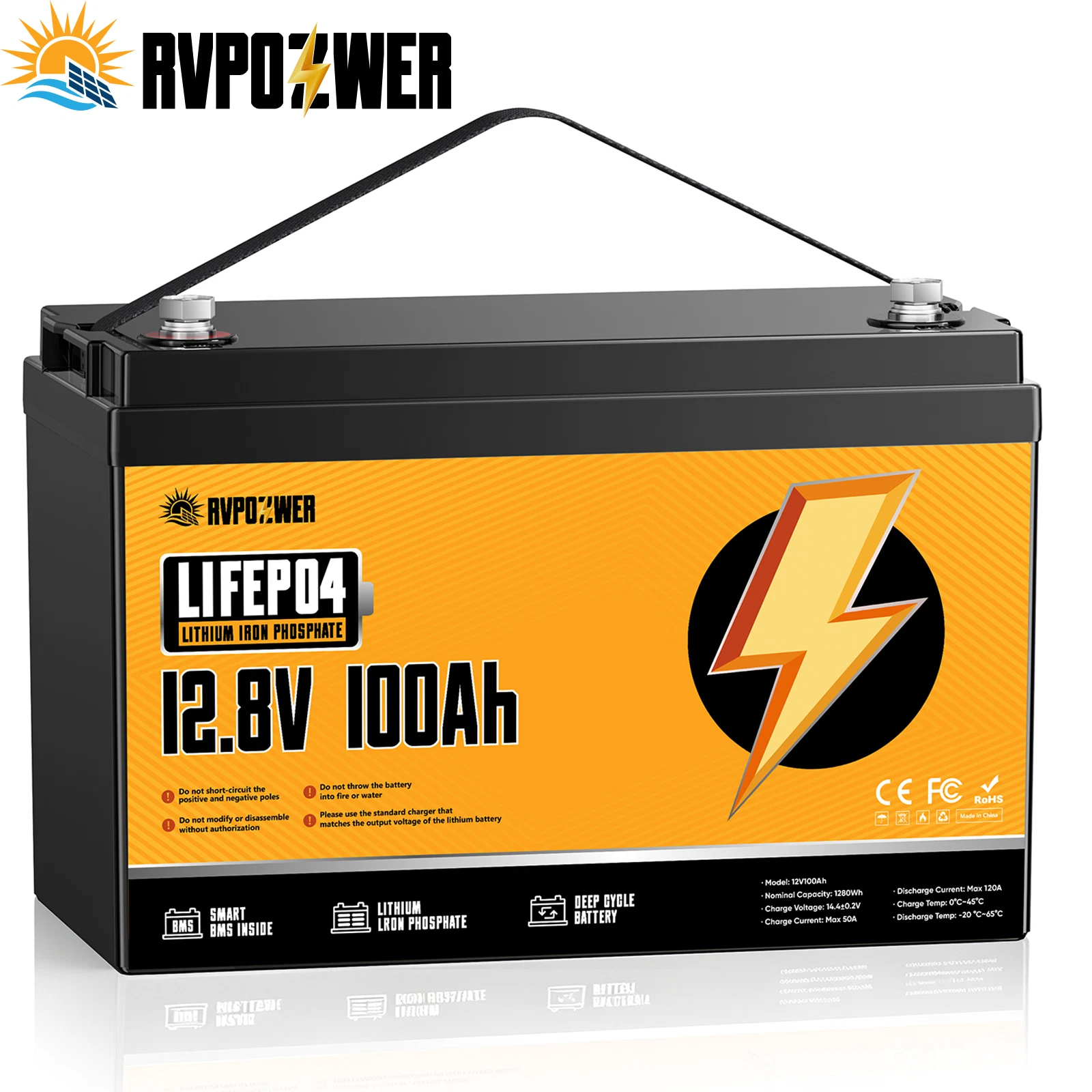 RVPOZWER 12.8V 100Ah LiFePO4 Lithium Iron Phosphate Battery 1280Wh, Built-in 100A Smart BMS, 15000+ Deep Cycles Rechargeable Storage Battery for RV, Marine Boat, Trailer, Off-Grid Solar System, Camping & Travel Emergency Power .8V 100Ah / United States
