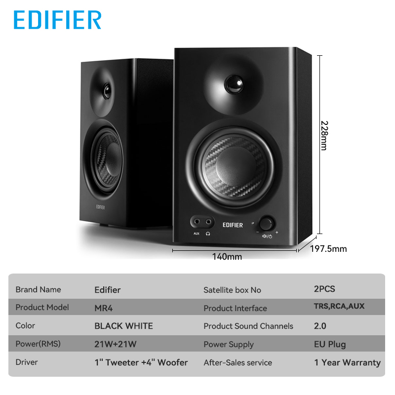 Edifier MR4 Studio Monitor 2.0 Speakers 42W RMS Class-D Amplifier Built-in DSP Wooden Enclosure TRS Balanced/AUX/RCA Inputs