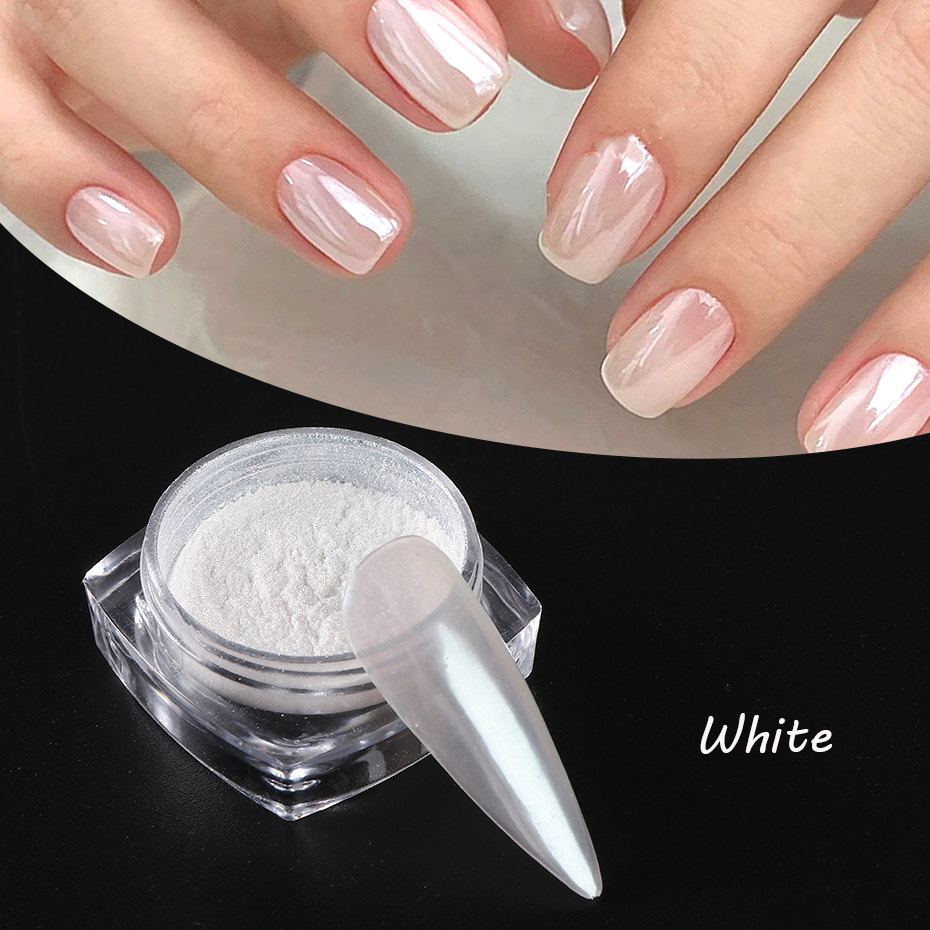 Moonlight Pearl White Nails Glitter Dust Chrome Aurora White Rubbing on Powder Shell Mirror Pigment Nail Art Supplies Decoration ZY01 White