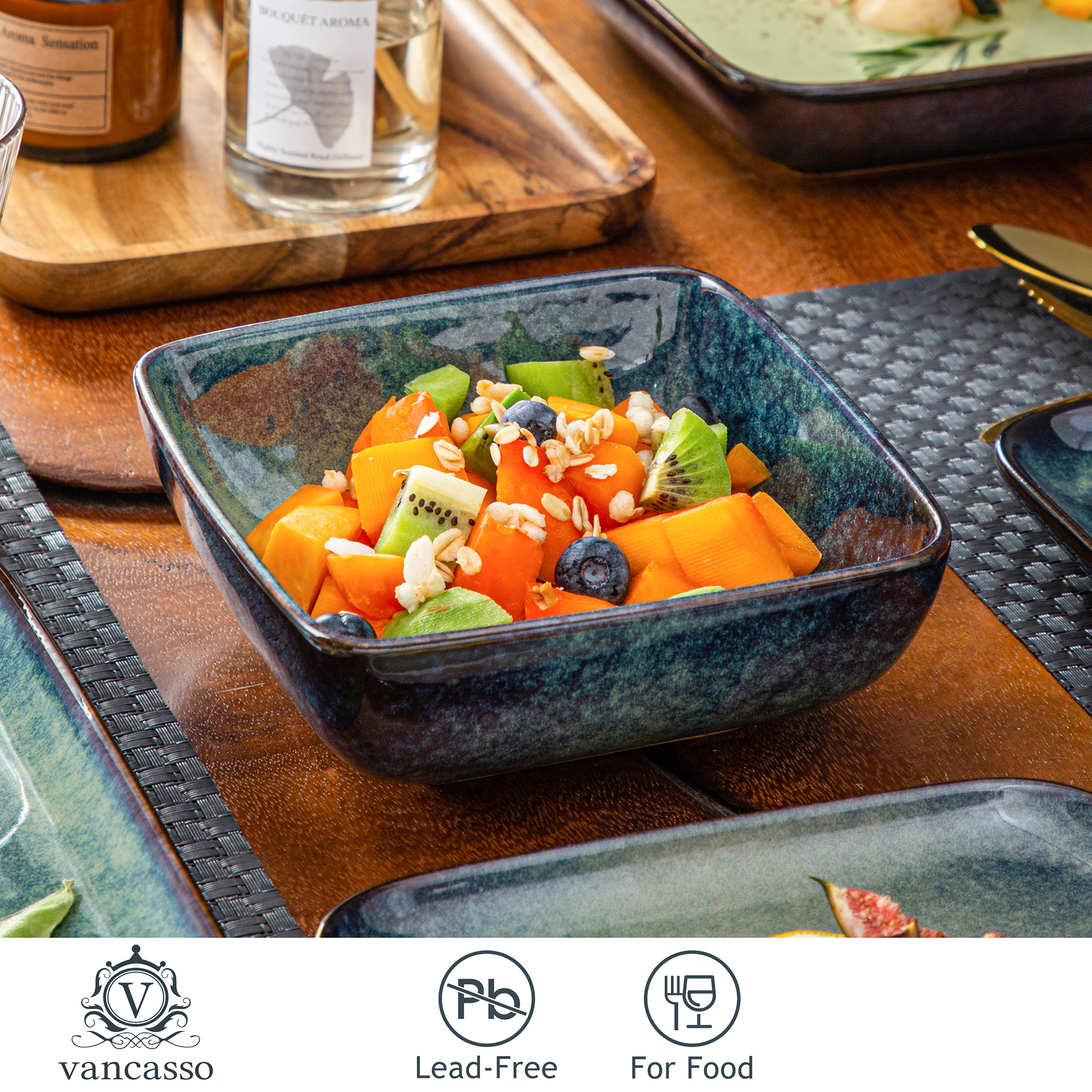vancasso Stern Dinner Set Green Square Kiln Change Glaze Tableware 16 Piece Kitchen Dinnerware Ceramic Crockery Set for 4 Person