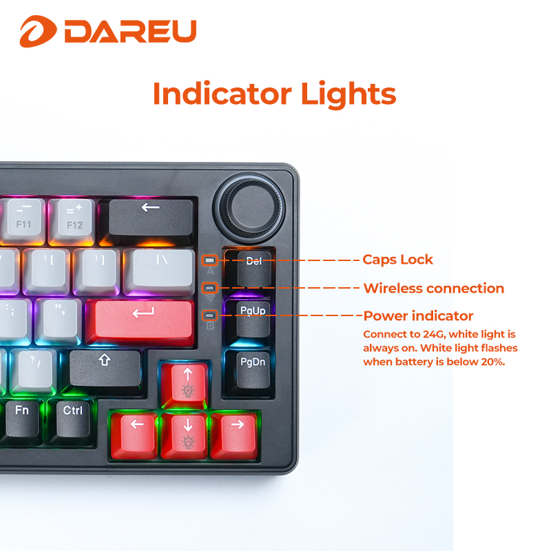DAREU 2.4G Wireless Mechanical Gaming Keyboard 4000mAh Red Switch All Key Non-conflict Rainbow Lighting with Multifunction Knob