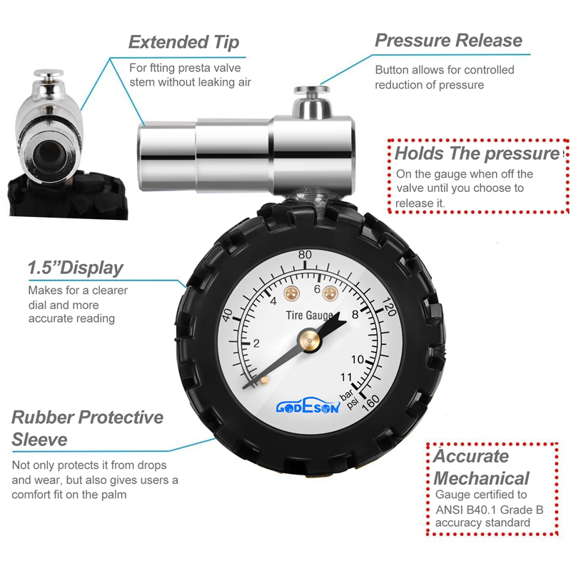 Bicycle Tire Pressure Gauge 160PSI Mechanical Pointer Tire Pressure Gauge For Mountain Racing Bikes Mtb Bike Road Bike Tools