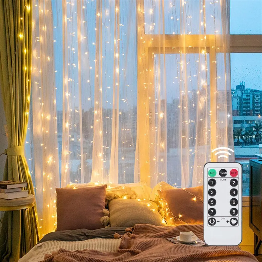 3/6M USB LED Curtain 8Modes Remote Control Lights Holiday Wedding Garland for Bedroom Living Room Decor Christmas Decorations