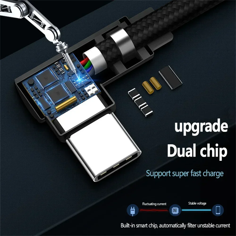 40W 5A USB To Type C Fast Charge Weave Data Cable 90 Degree Phone Charger Cable For iPhone Xiaomi Redmi Huawei USB Charging Wire