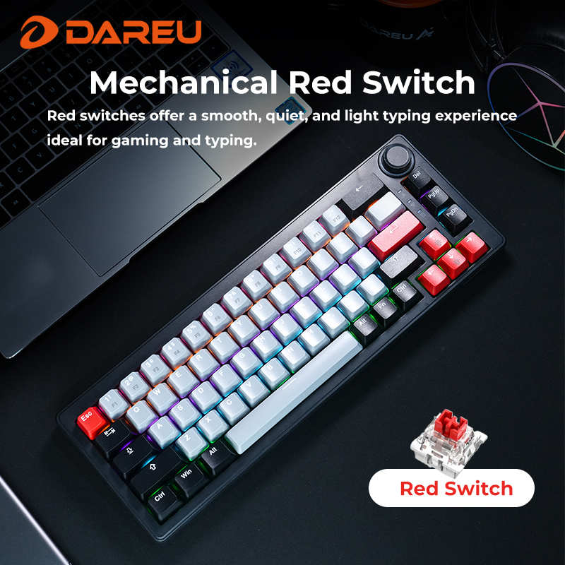 DAREU 2.4G Wireless Mechanical Gaming Keyboard 4000mAh Red Switch All Key Non-conflict Rainbow Lighting with Multifunction Knob