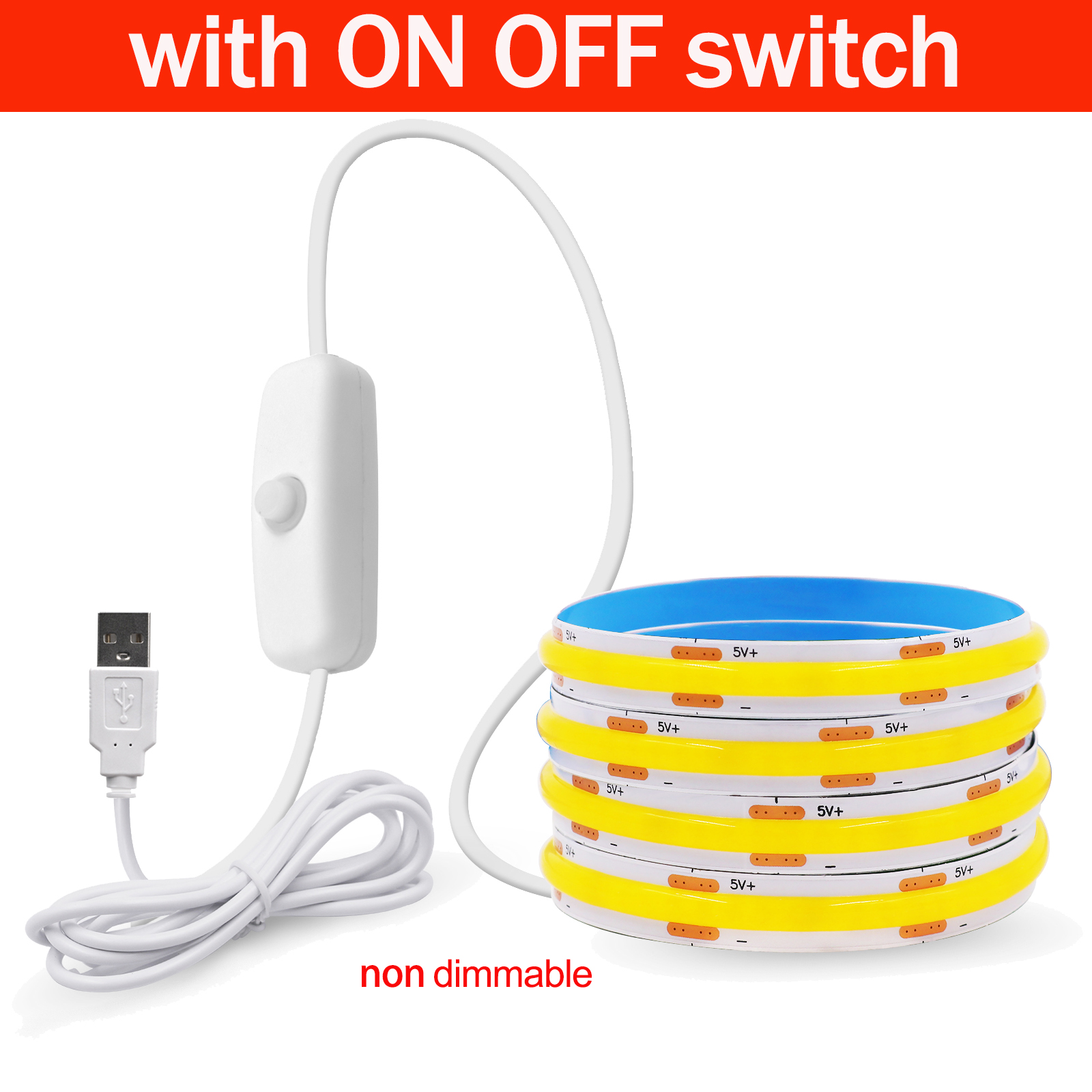 Dimmable COB LED Strip Light 5V USB Flexible LED Tape with ON OFF Switch 320LEDs High Density Linear Lighting with Adhesive Tape with ON OFF Switch / natural white / .5m / China Mainland