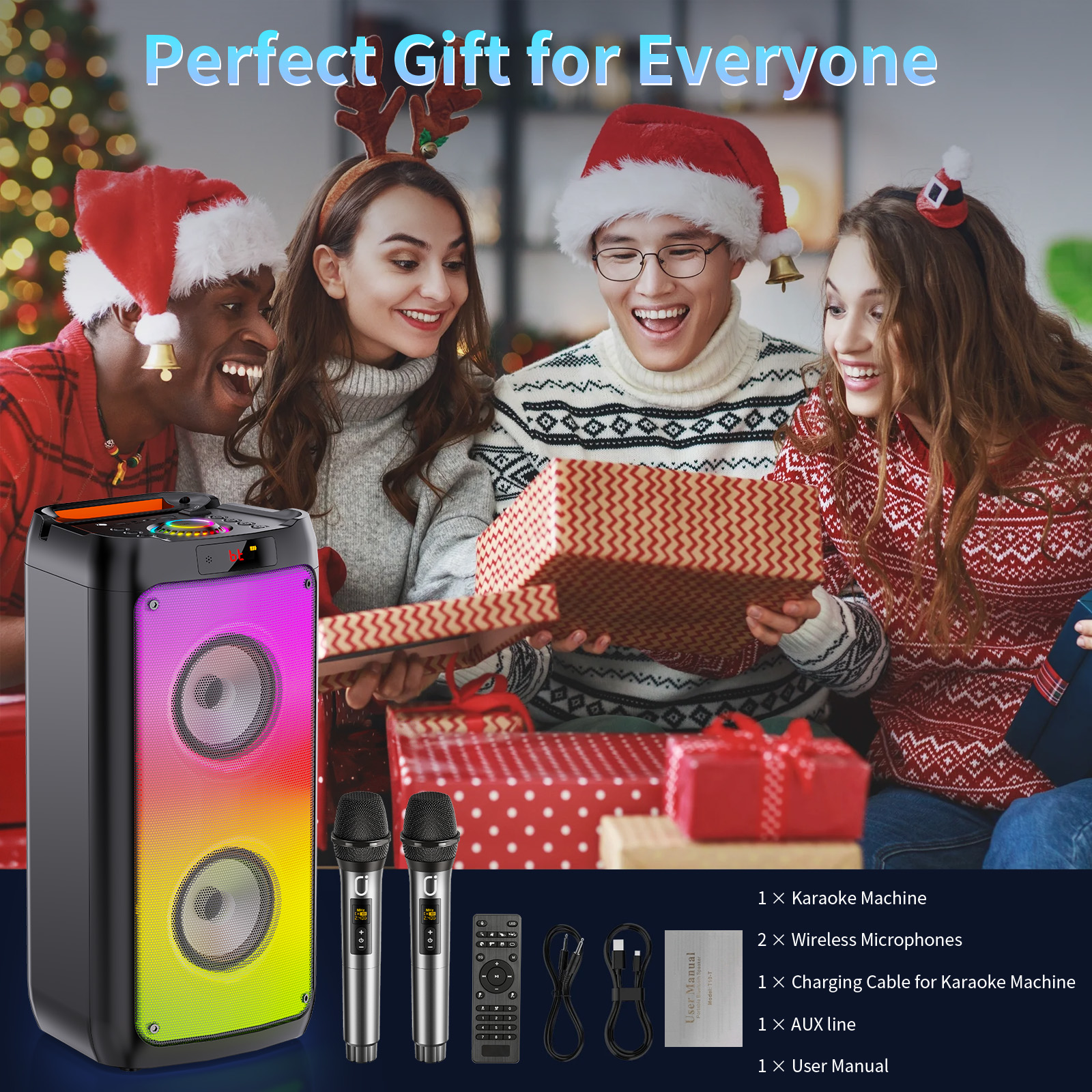 Wireless Bluetooth Speaker, Karaoke Machine with 2 Microphone, Home Karaoke Party Speaker with LED Light