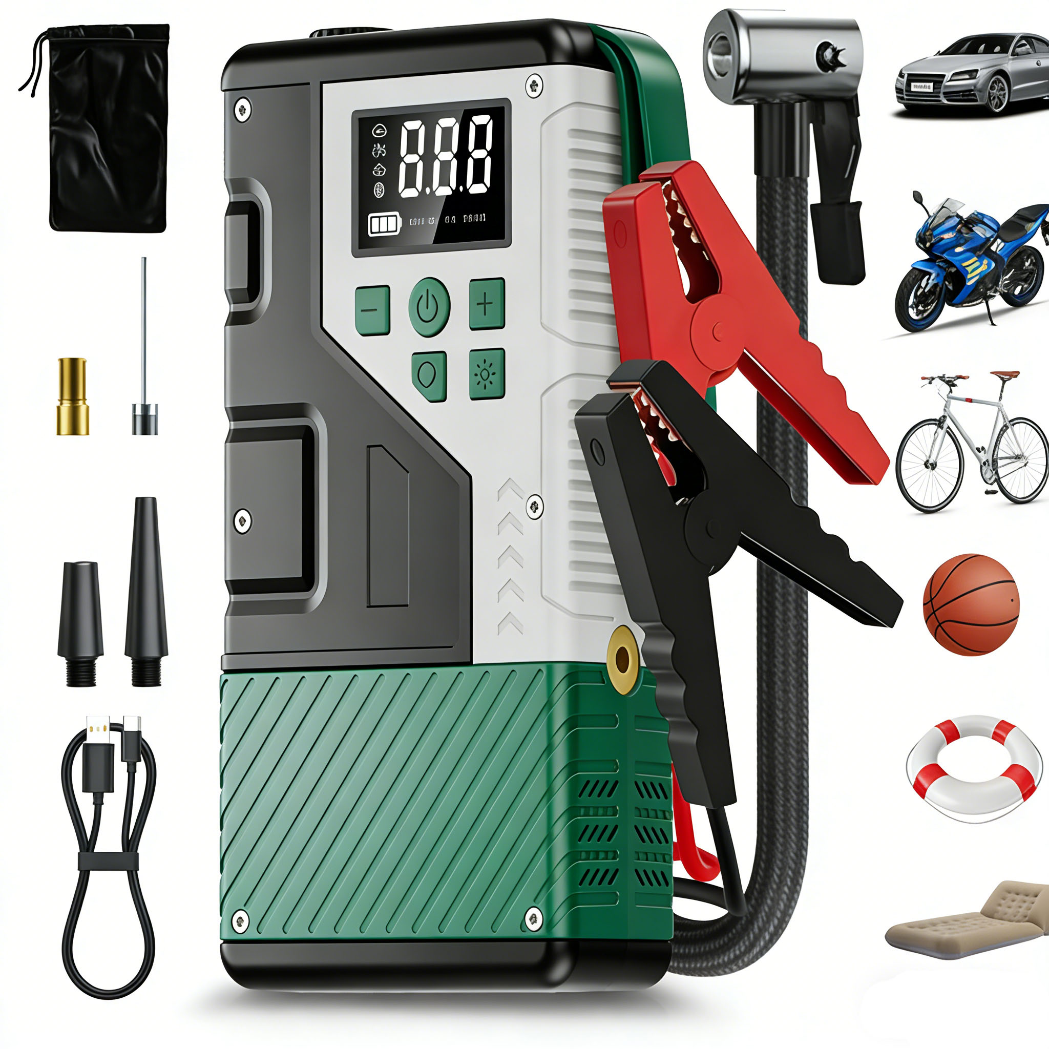 Upgraded 150PSI Portable Car Air Compressor with 7000A Emergency Jump Starter Combo Unit Ideal for Outdoor Camping Use