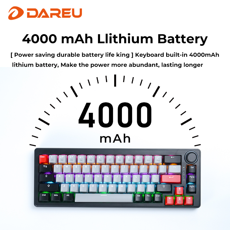 DAREU 2.4G Wireless Mechanical Gaming Keyboard 4000mAh Red Switch All Key Non-conflict Rainbow Lighting with Multifunction Knob