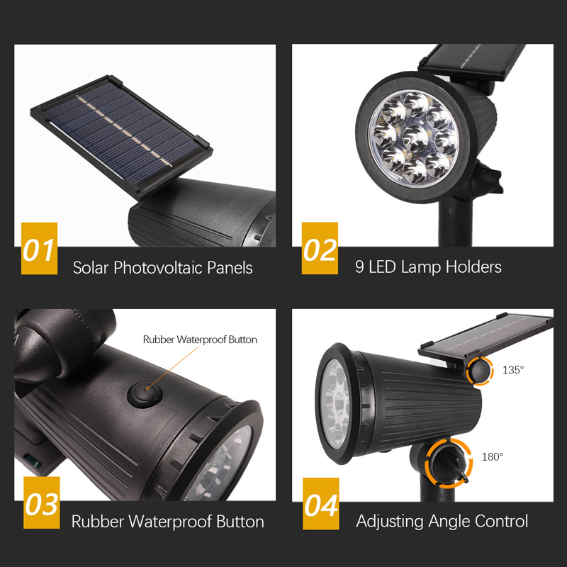 9 LEDs Solar Spotlights, Outdoor Waterproof, Spot Lights, Brightness Adjustable for Garden Backyard Driveway Patio Decor
