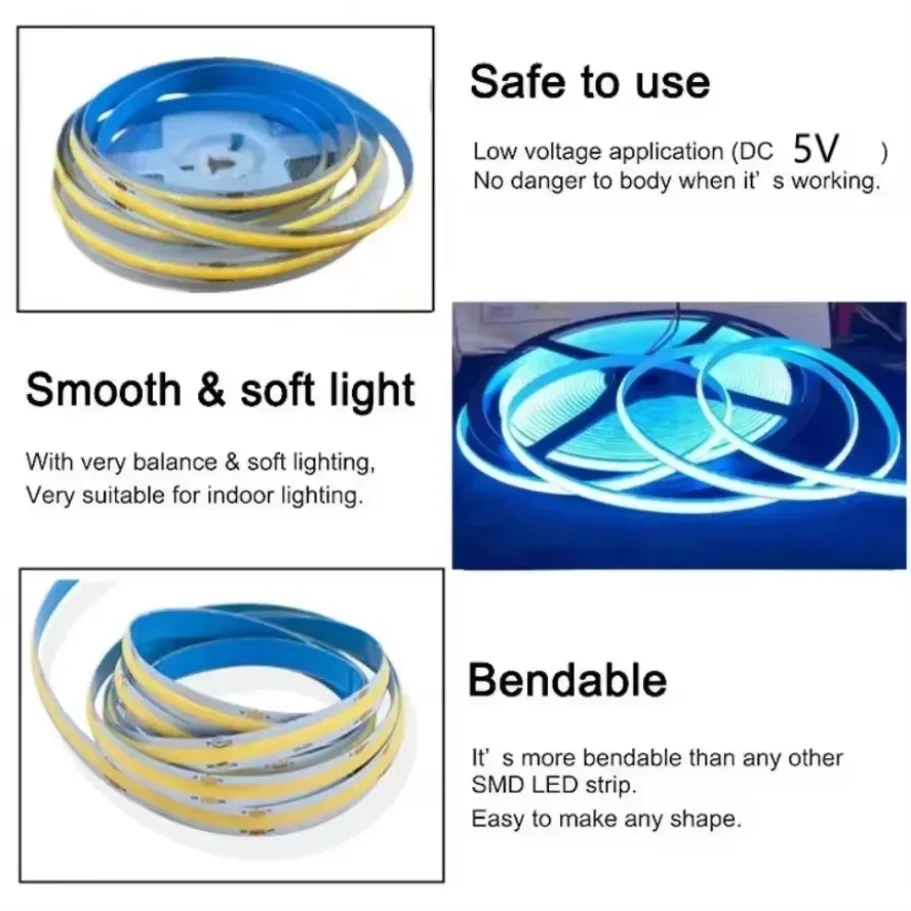 1-5M USB LED Strip Light 5V 320LEDs/M COB Touch Sensor Dimmable Lamp Tape DIY Mirror Backlight TV Kitchen Room Night Lighting