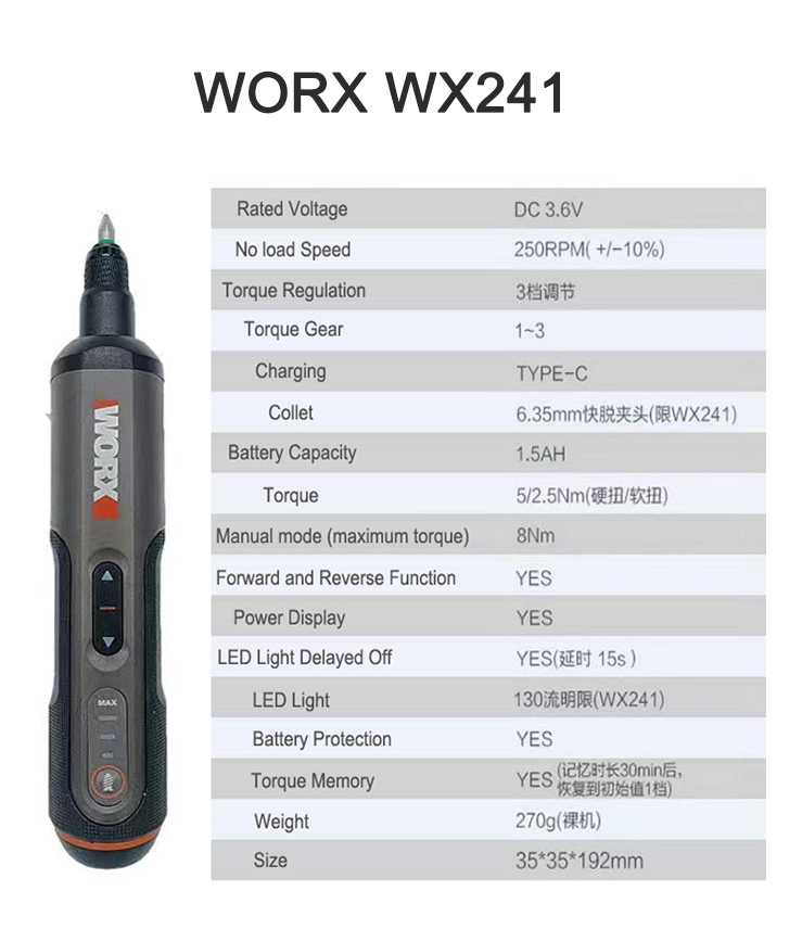 Worx 4V Mini Electrical Screwdriver Set WX242 WX241 WX240 Smart Cordless Electric Screwdrivers USB Rechargeable Hand Drill Tools WX241