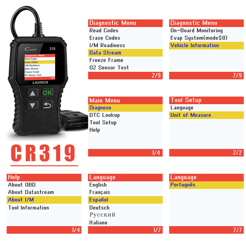 LAUNCH X431 Creader 319 CR319 Auto Code Reader OBDII Scanner Professional Automotive Scanner Obd2 Scanner Diagnostic Tools X431