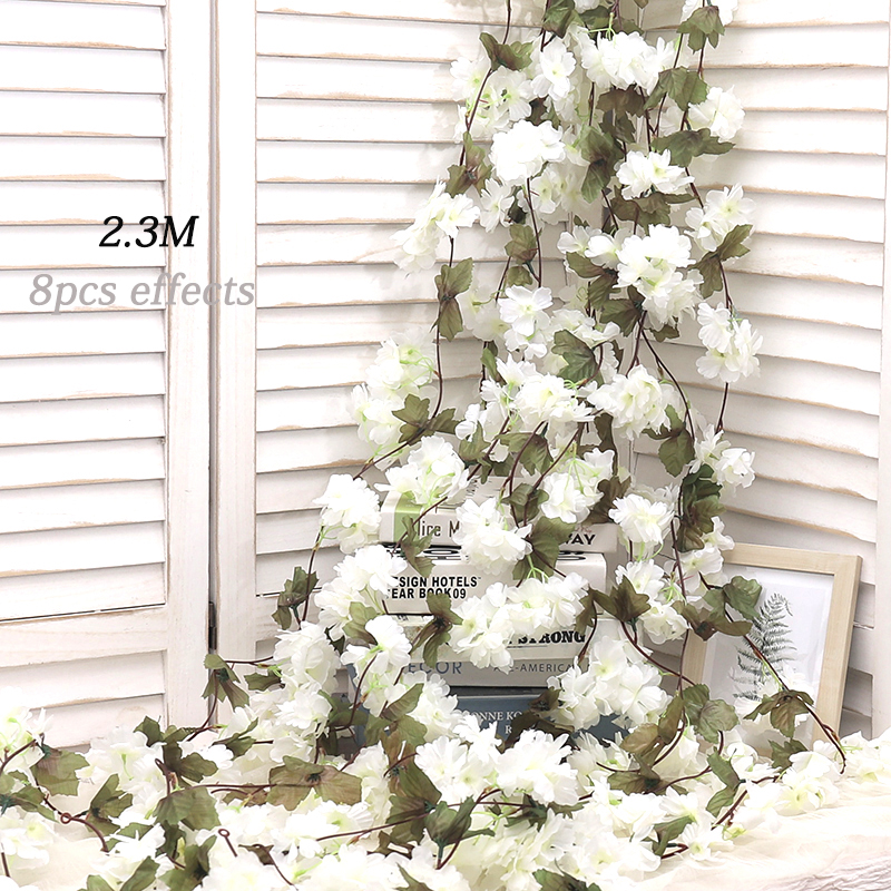 Artificial Sakura Flowers Vine Hanging Fake Floral Garland Home Garden Wedding Arch Party Cherry Blossom Wall Decor Arrangement white