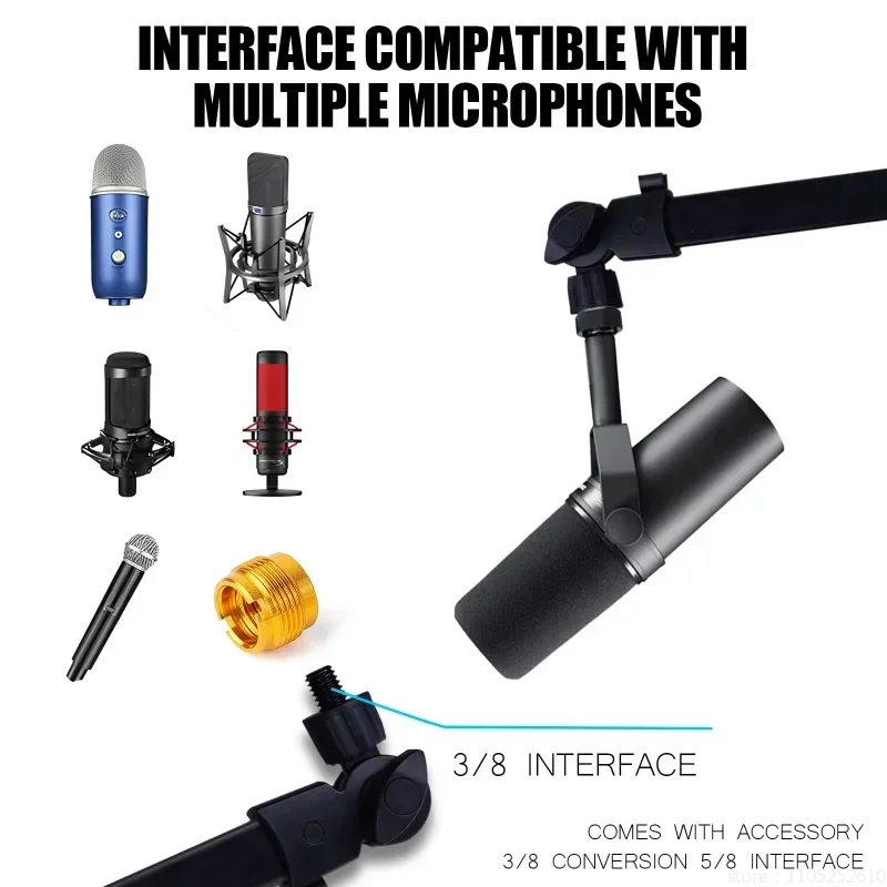 Spring-Free Microphone Arm Stand, Foldable Low Profile Desk Mic Boom Arm with Metal Base, Adjustable Long Arm Cantilever Holder