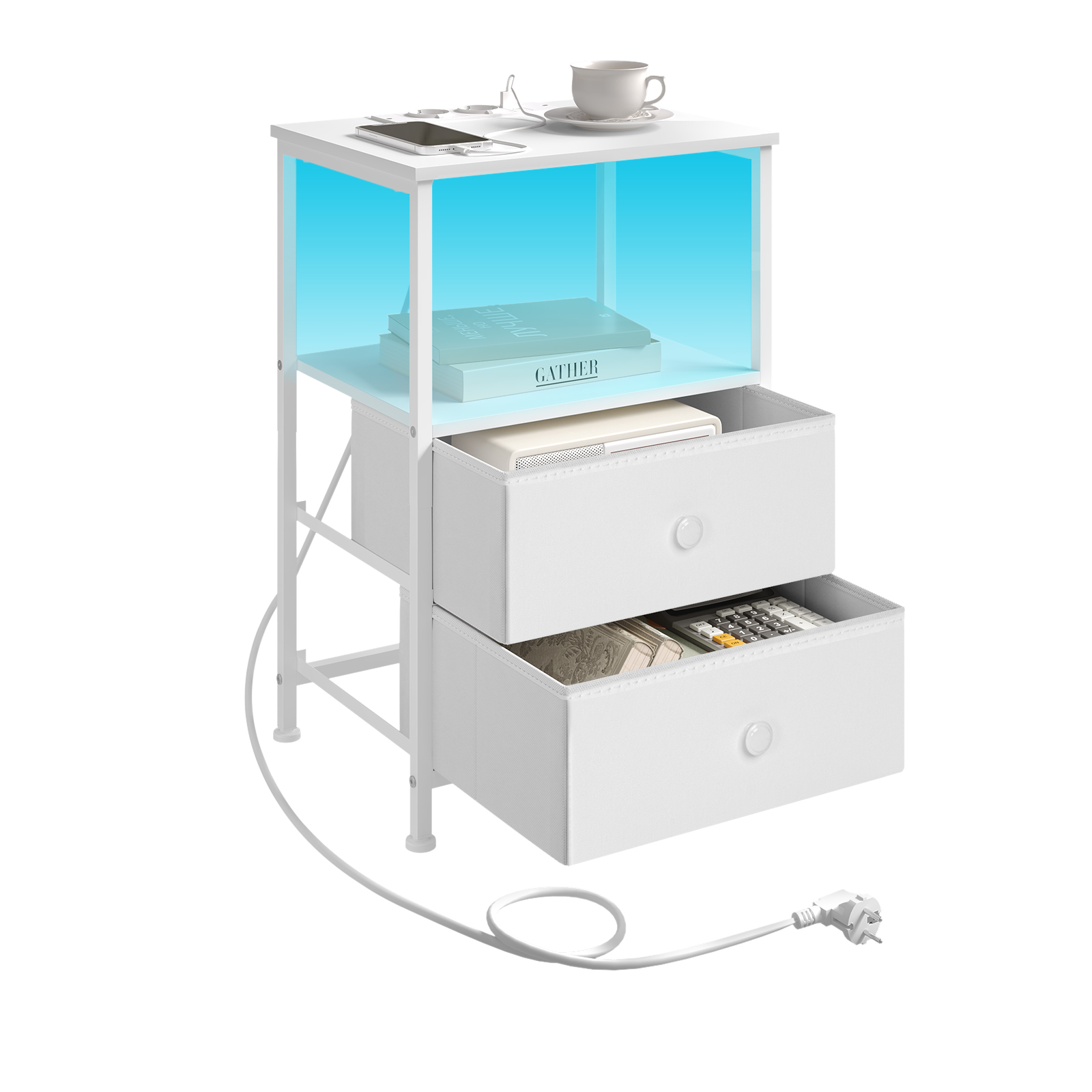 WOLTU Modern Nightstand Bedside Table with Adjustable LED Lighting USB Charging Sockets 2 Drawers Night Table Storage Bedroom