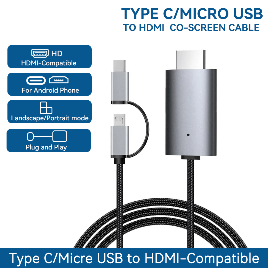 LD39 Wire HD Streaming Display TV Stick Dongle Micro USB Type C to HDMI Compatible Cable Mirroring Screen for Phone Tablet to TV Gray