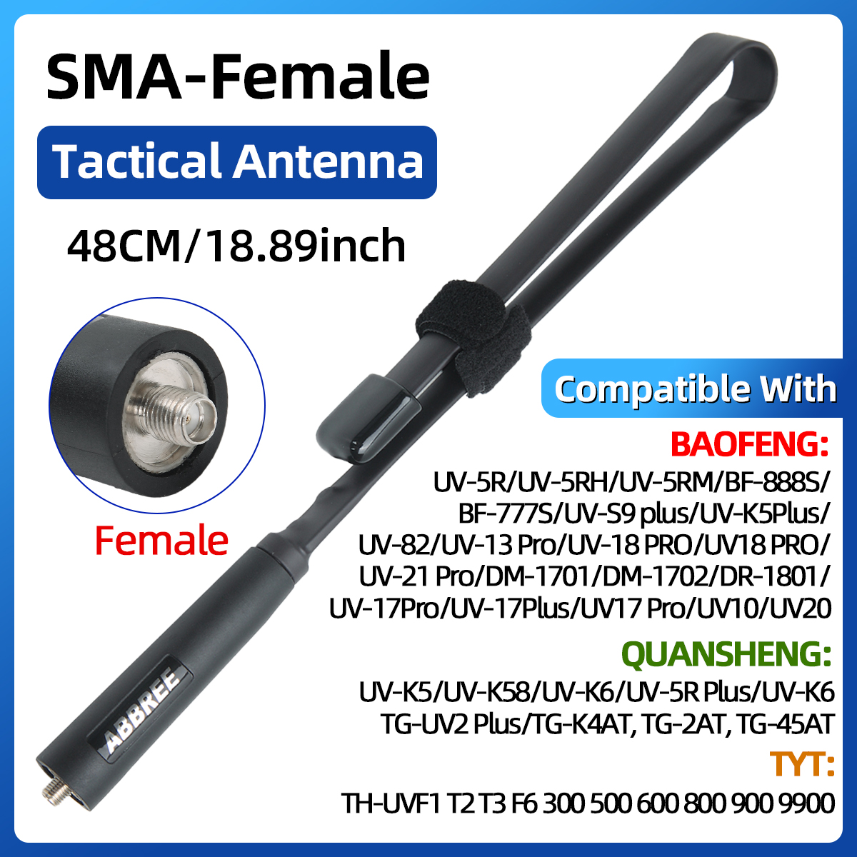 ABBREE CS Tactical Antenna SMA-Female Dual Band VHF UHF 144/430Mhz Foldable For Walkie Talkie Baofeng UV-21 UV-5R QuanSheng K5 SMA Female 48CM