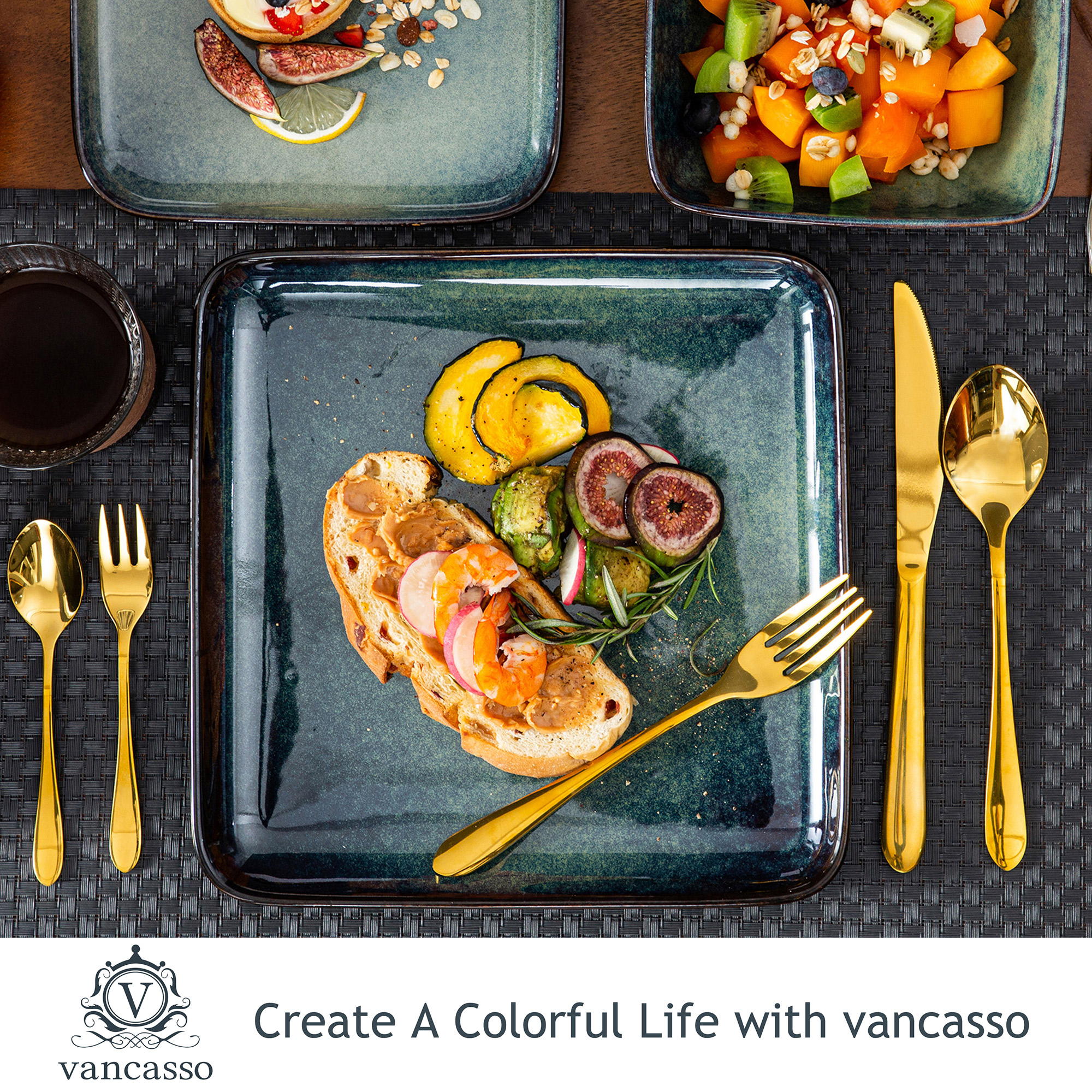 vancasso Stern Dinner Set Green Square Kiln Change Glaze Tableware 16 Piece Kitchen Dinnerware Ceramic Crockery Set for 4 Person