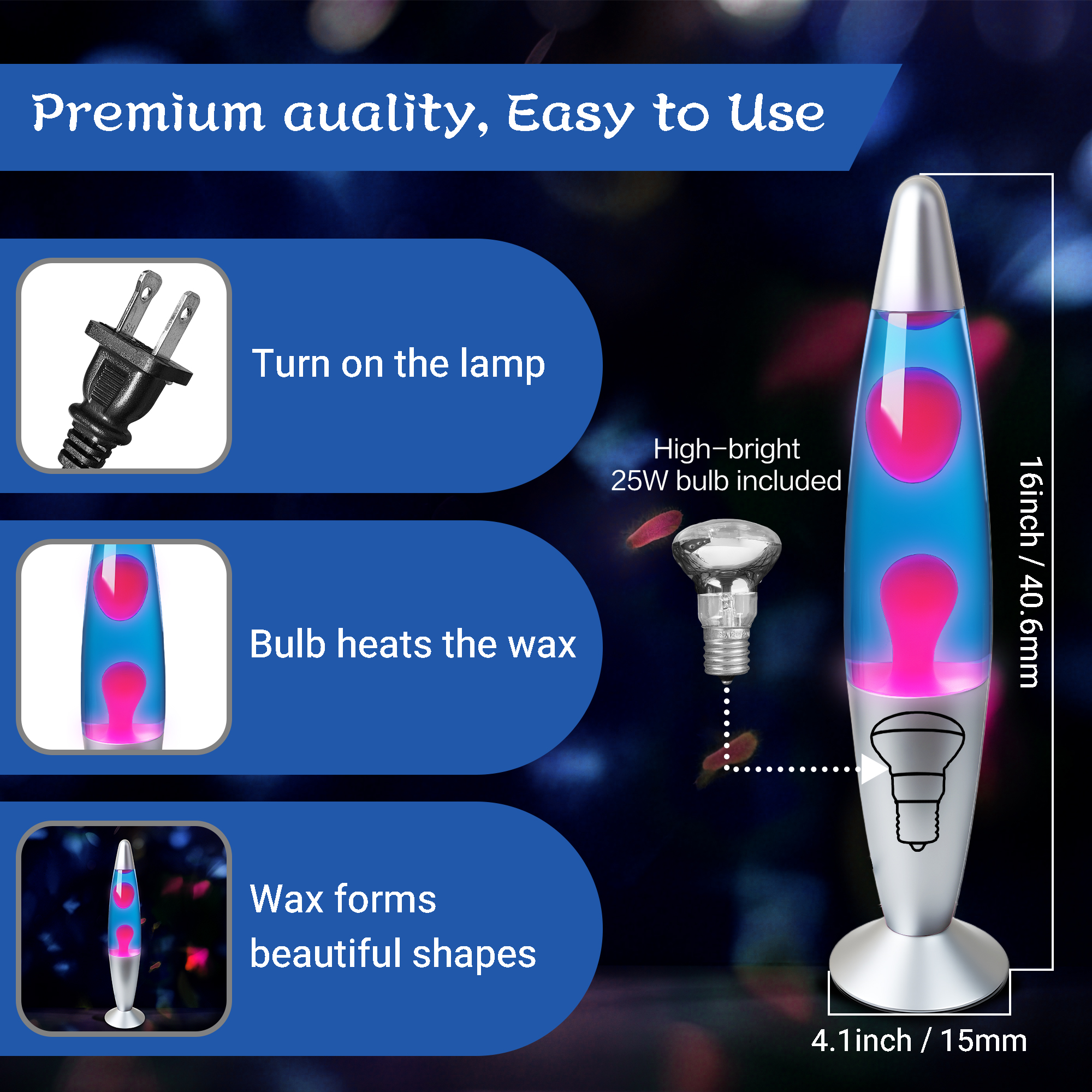 13 Inch Lava Lamp, Pink Wax Blue Liquid Lava Night Light with Silver Base & Cap, 25W Bulb Included, Standard Plug Vintage Motion Lamp for Home Decor Bedroom Office Gift