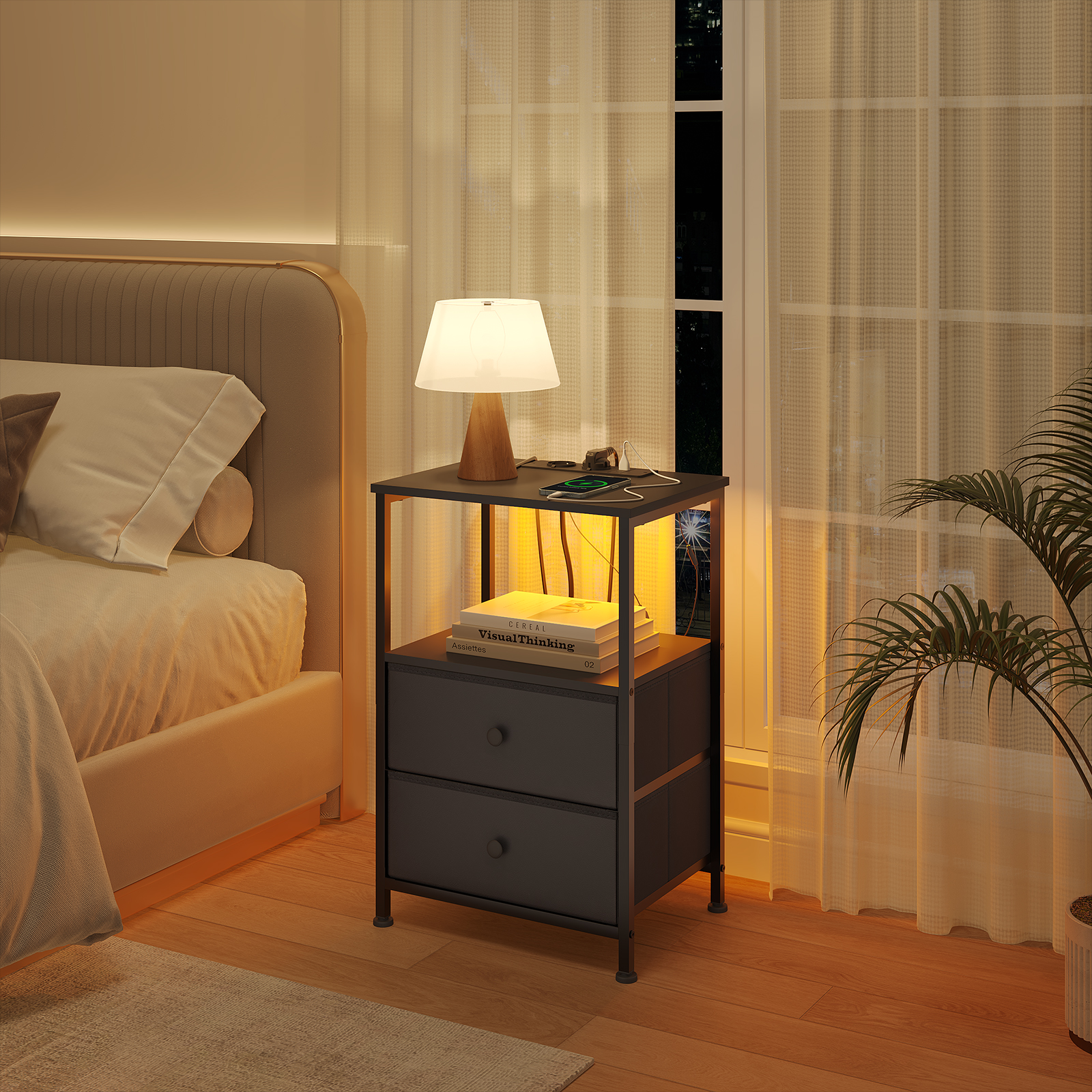 WOLTU Modern Nightstand Bedside Table with Adjustable LED Lighting USB Charging Sockets 2 Drawers Night Table Storage Bedroom