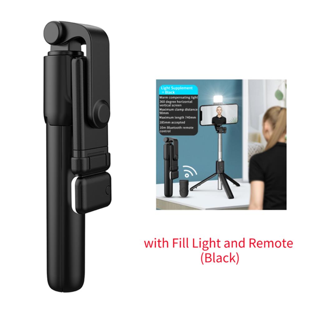 Portable Bluetooth Selfie Stick Tripod Holder with Remote Shutter Fill Light Extendable Wireless Remote Retractable Phone Stand Black