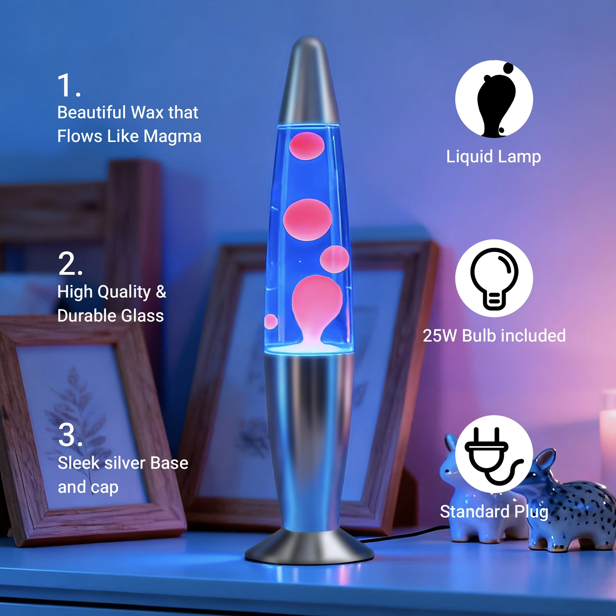 13 Inch Lava Lamp, Pink Wax Blue Liquid Lava Night Light with Silver Base & Cap, 25W Bulb Included, Standard Plug Vintage Motion Lamp for Home Decor Bedroom Office Gift
