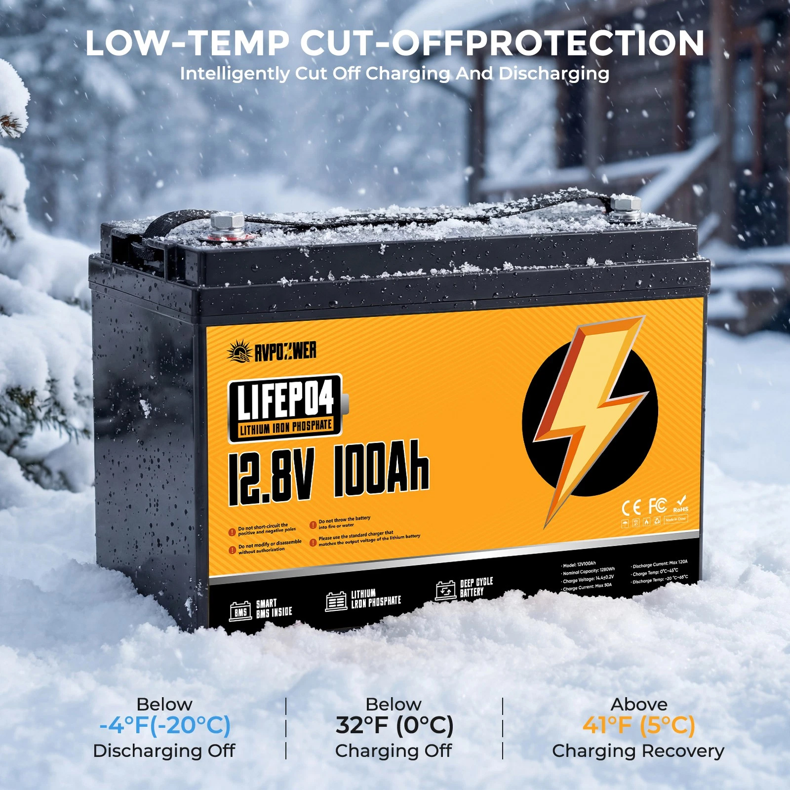 RVPOZWER 12.8V 100Ah LiFePO4 Lithium Iron Phosphate Battery 1280Wh, Built-in 100A Smart BMS, 15000+ Deep Cycles Rechargeable Storage Battery for RV, Marine Boat, Trailer, Off-Grid Solar System, Camping & Travel Emergency Power