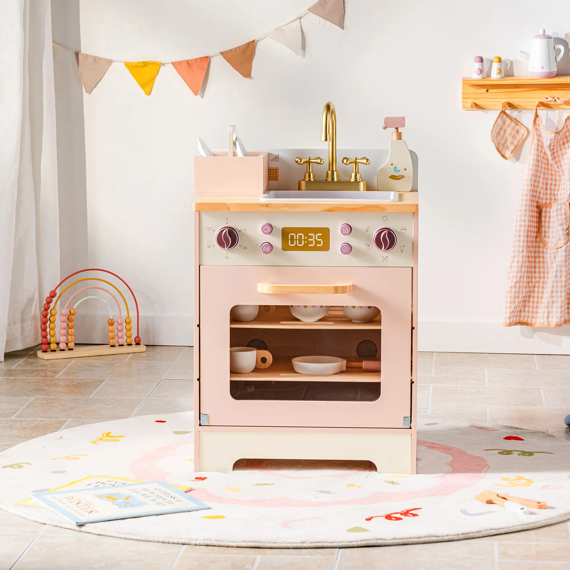 Robotime Robud Kids Corner Kitchen Playset Wooden Play Kitchen Set with Realistic Sound Pretend Play Gift for Boys Girls Pink Dishwasher / United States