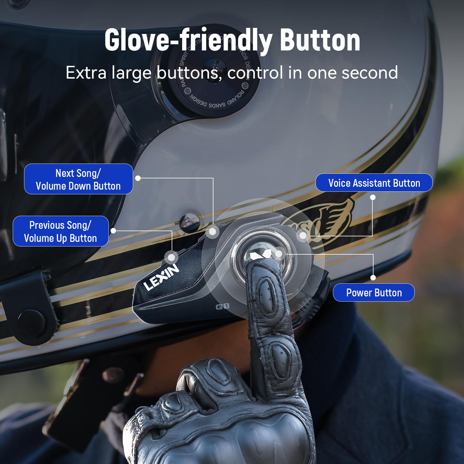Lexin G1 Motorcycle Bluetooth Headsets for Helmet, Voice Assistance, Music, IP67 Waterproof, High Definition Speakers