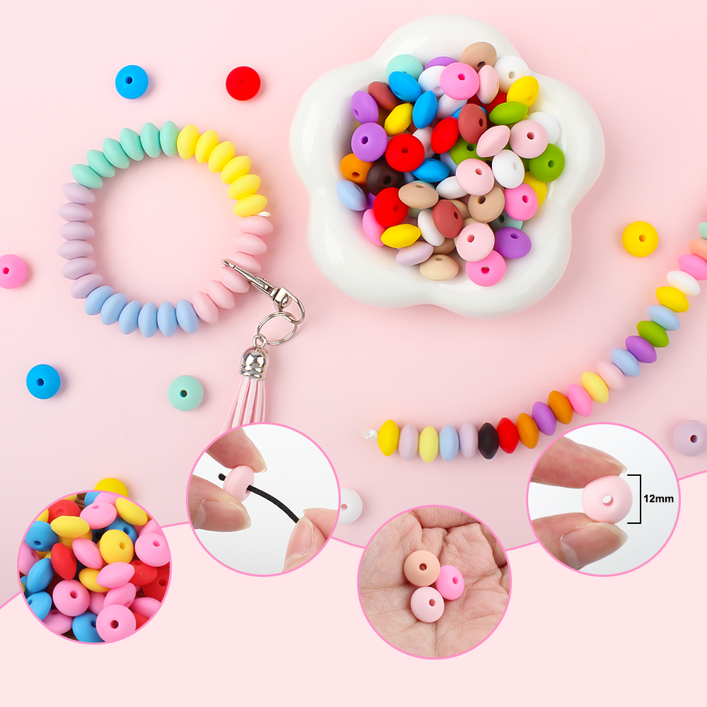 100/50/20Pcs 12mm Siilcone Beads Lentil Loose Spaced Bead for Jewelry Making DIY Beaded Pen Bracelets Necklace Keychain BPA Free