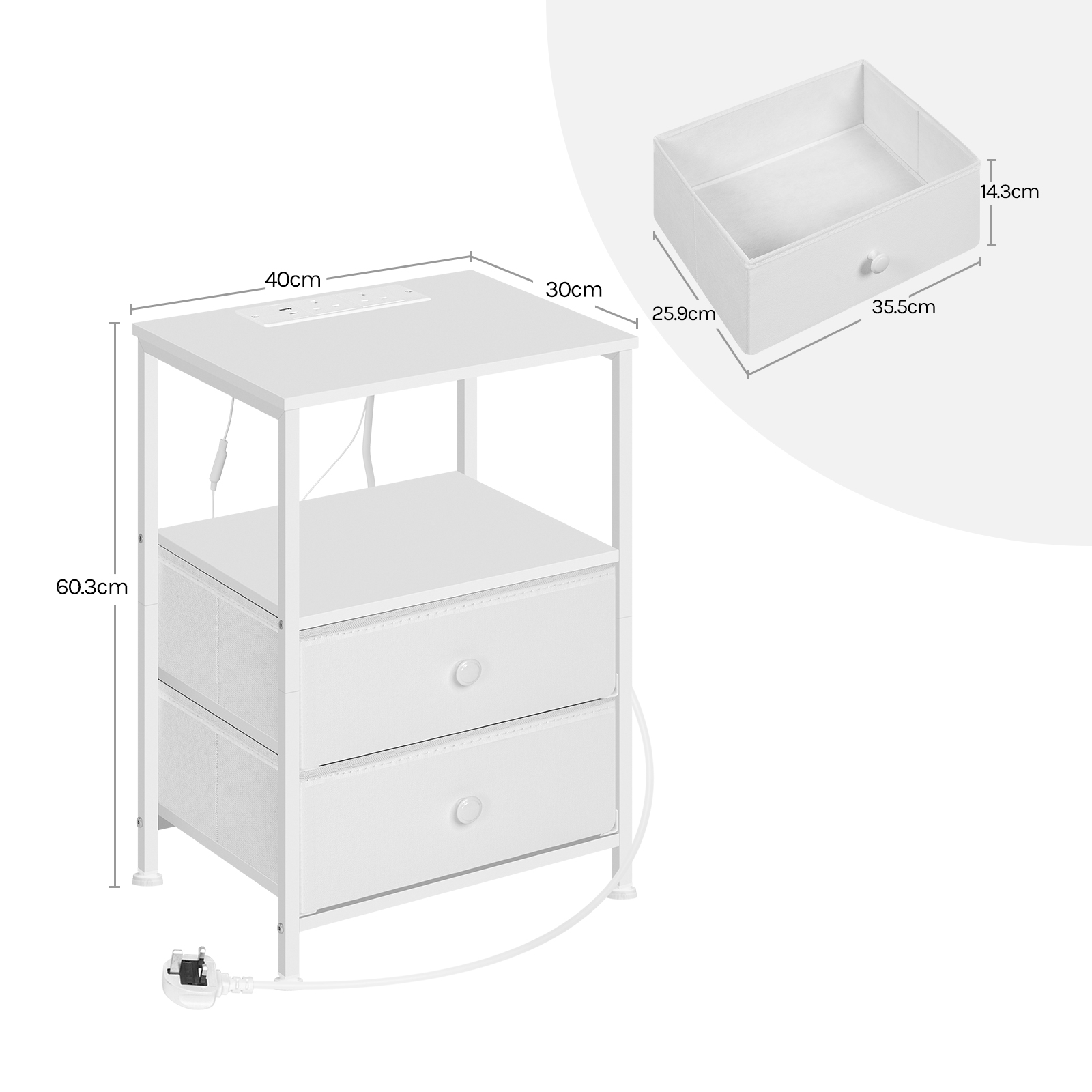 WOLTU Modern Nightstand Bedside Table with Adjustable LED Lighting USB Charging Sockets 2 Drawers Night Table Storage Bedroom
